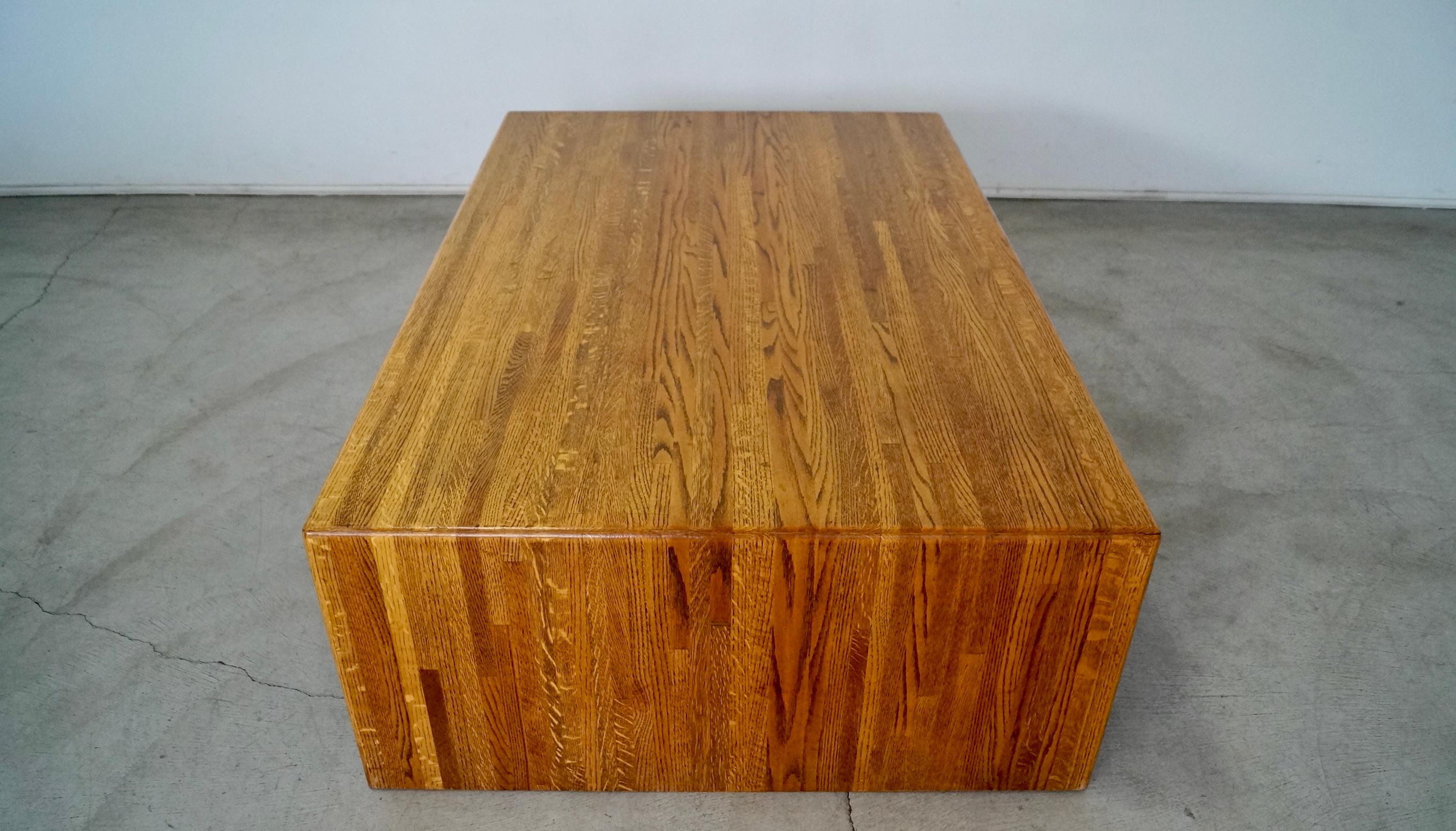 1970's Postmodern Lou Hodges Style Solid Oak Parquet Coffee Table For Sale 1