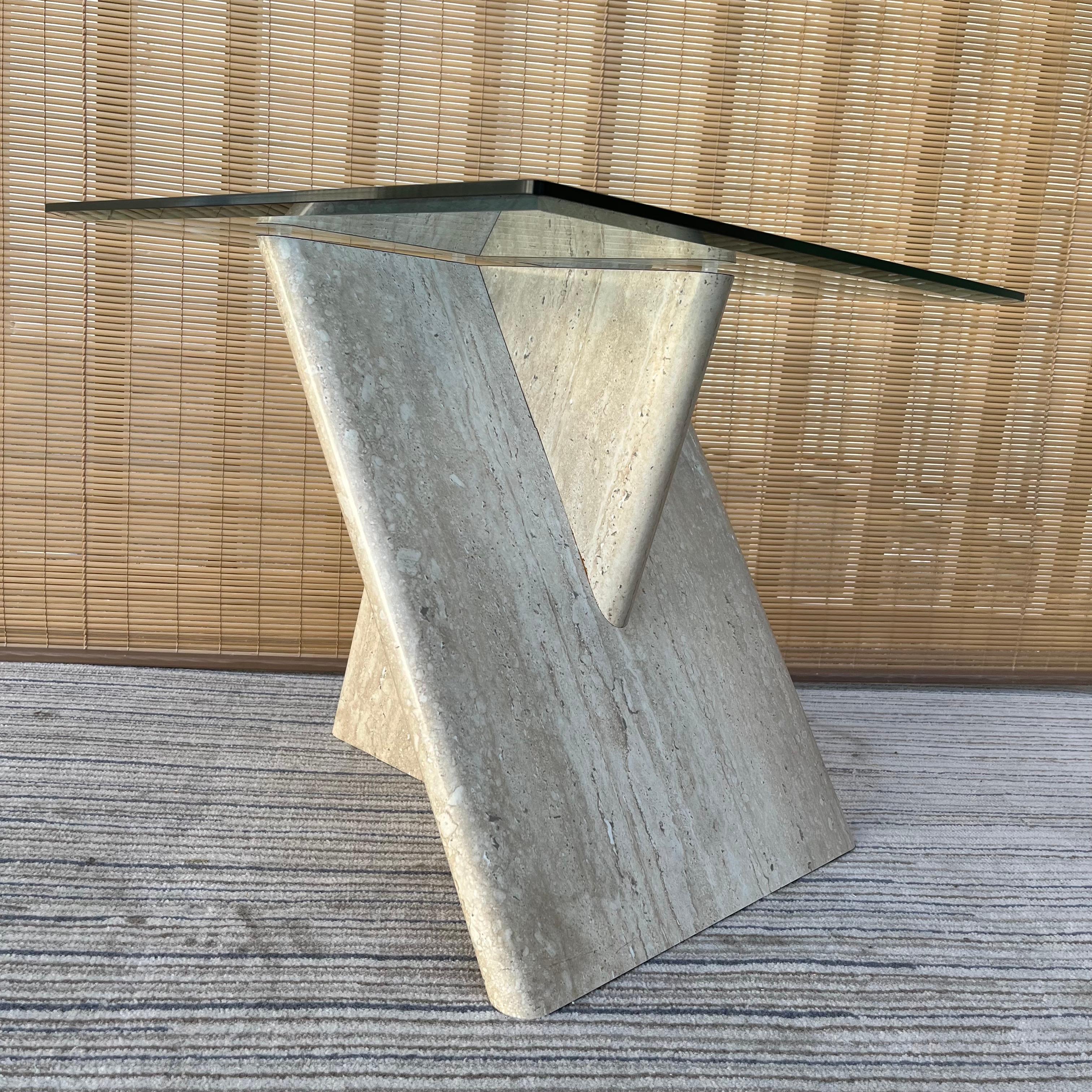 1970s Postmodern Marbleized Laminated Side Table with Glass Top For Sale 4