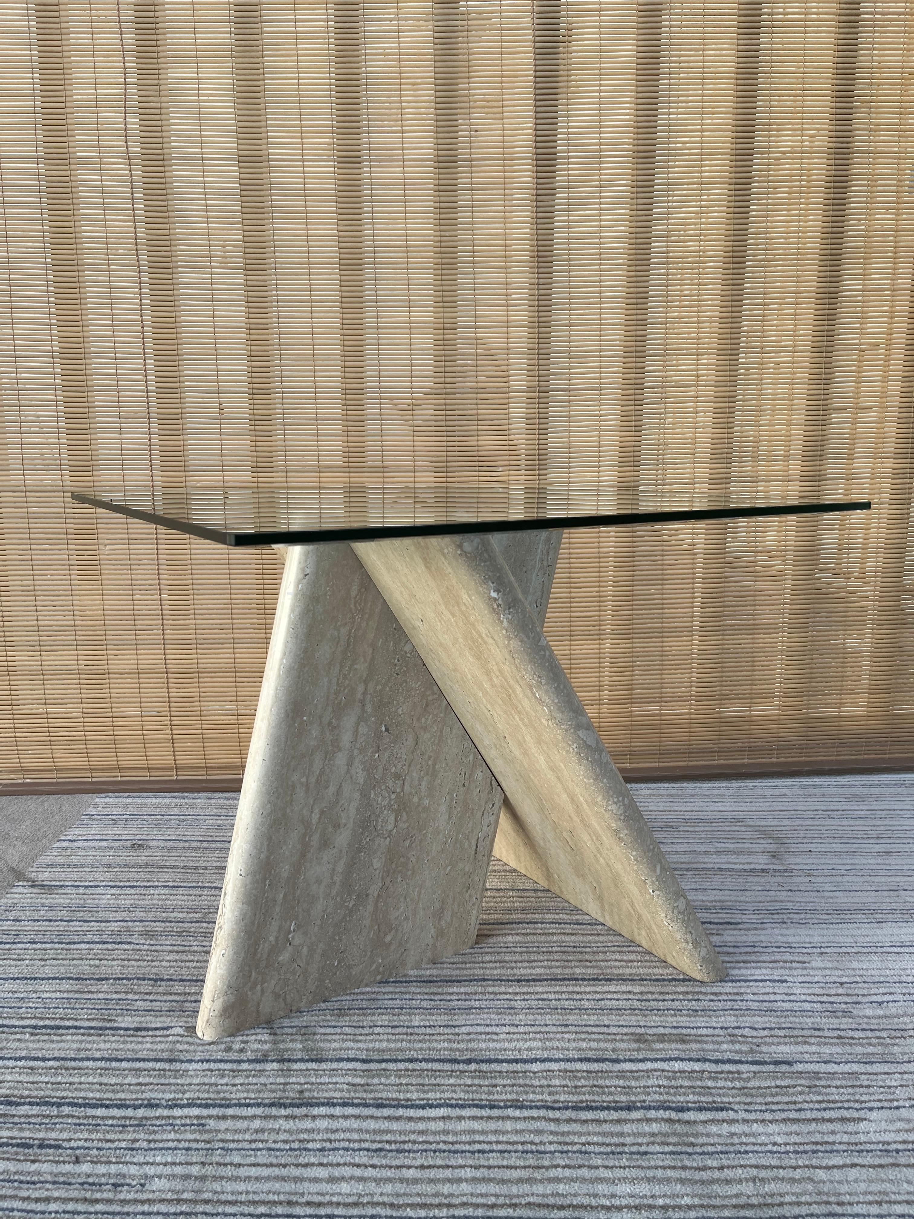Beveled 1970s Postmodern Marbleized Laminated Side Table with Glass Top For Sale