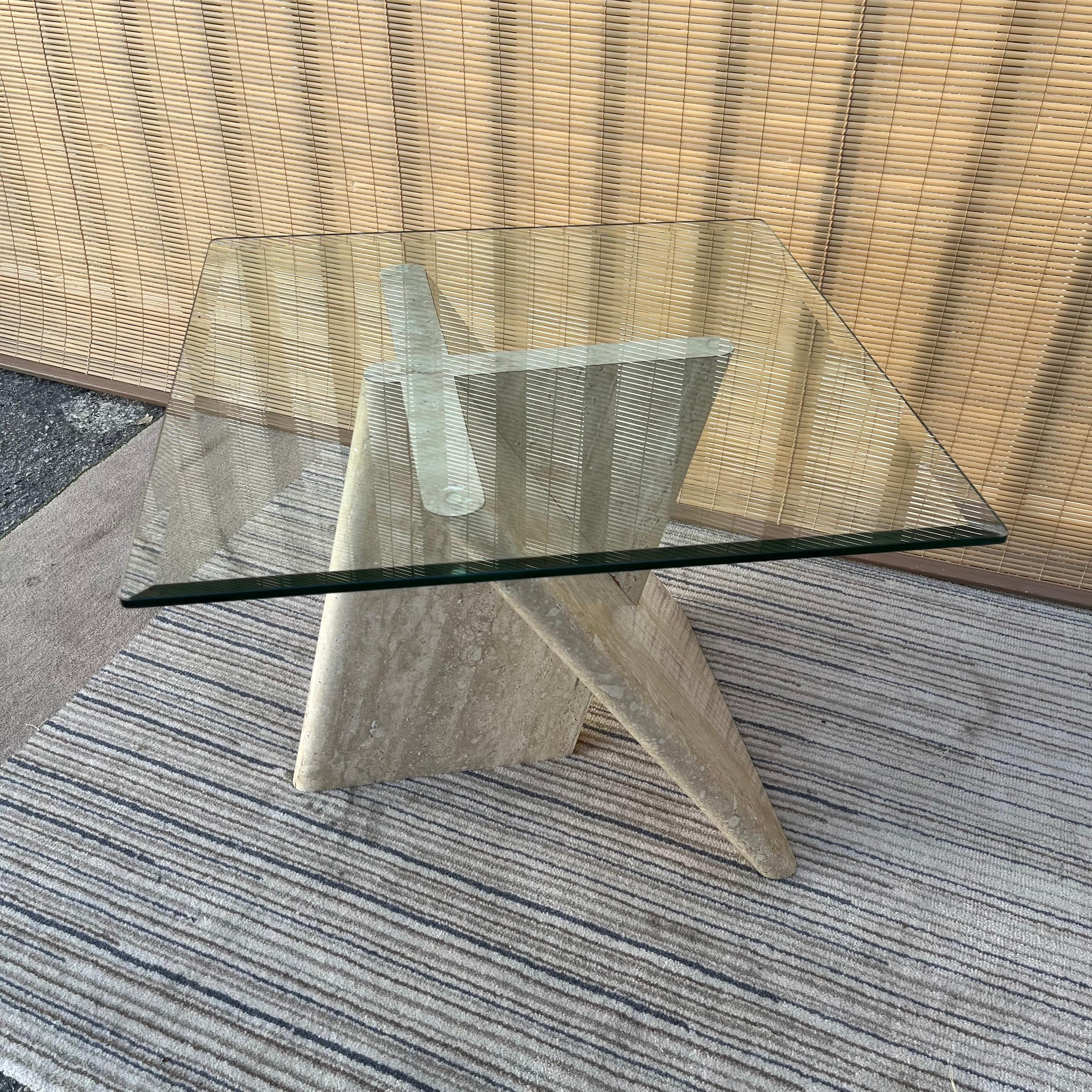 1970s Postmodern Marbleized Laminated Side Table with Glass Top For Sale 1