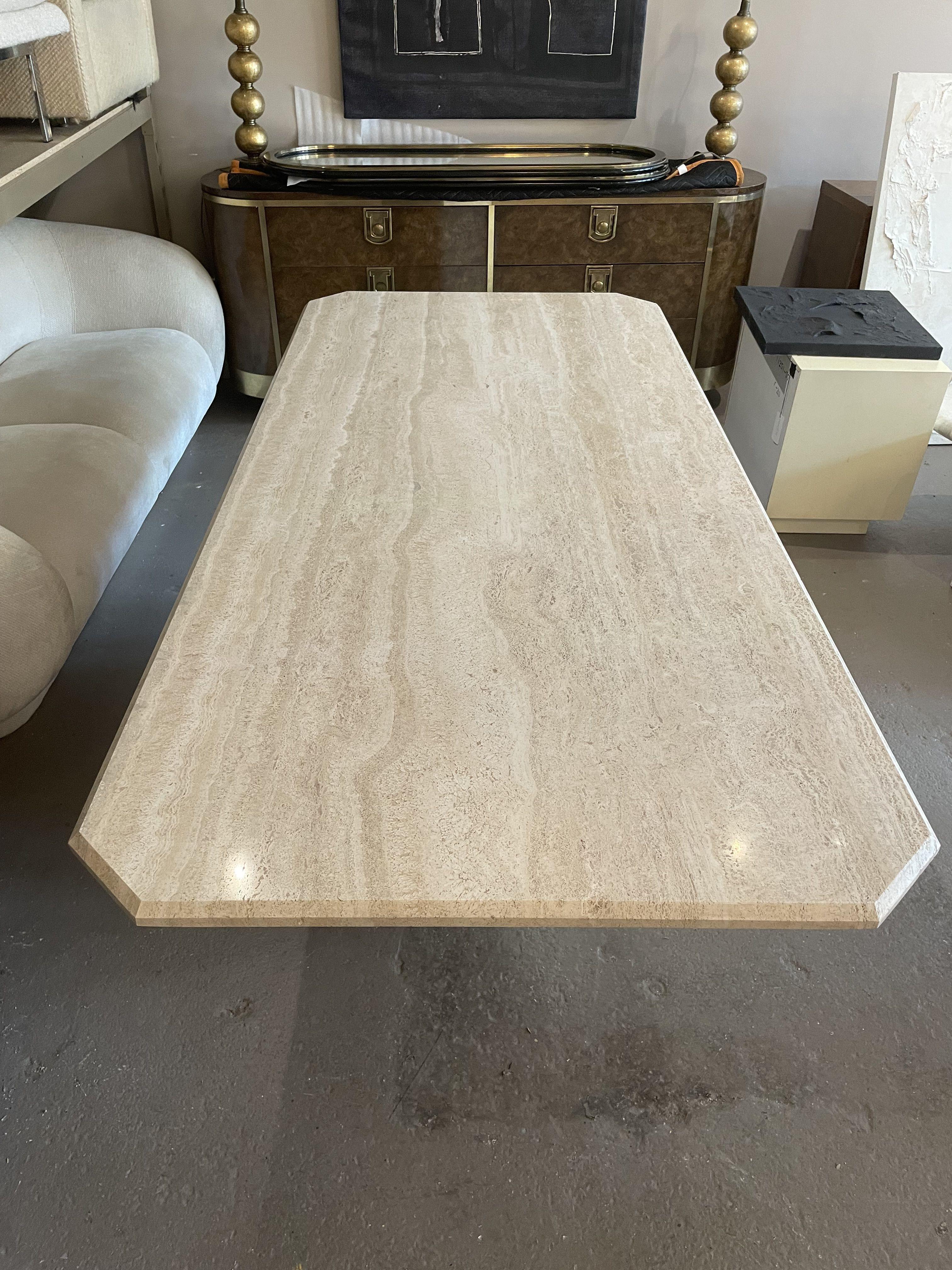 1970s, Postmodern Travertine Dining Table With Angled Edge Top and Base In Good Condition For Sale In Chicago, IL