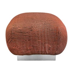 1970s Pouf in Black and Rust Abstract Stripe on Stainless Steel Base