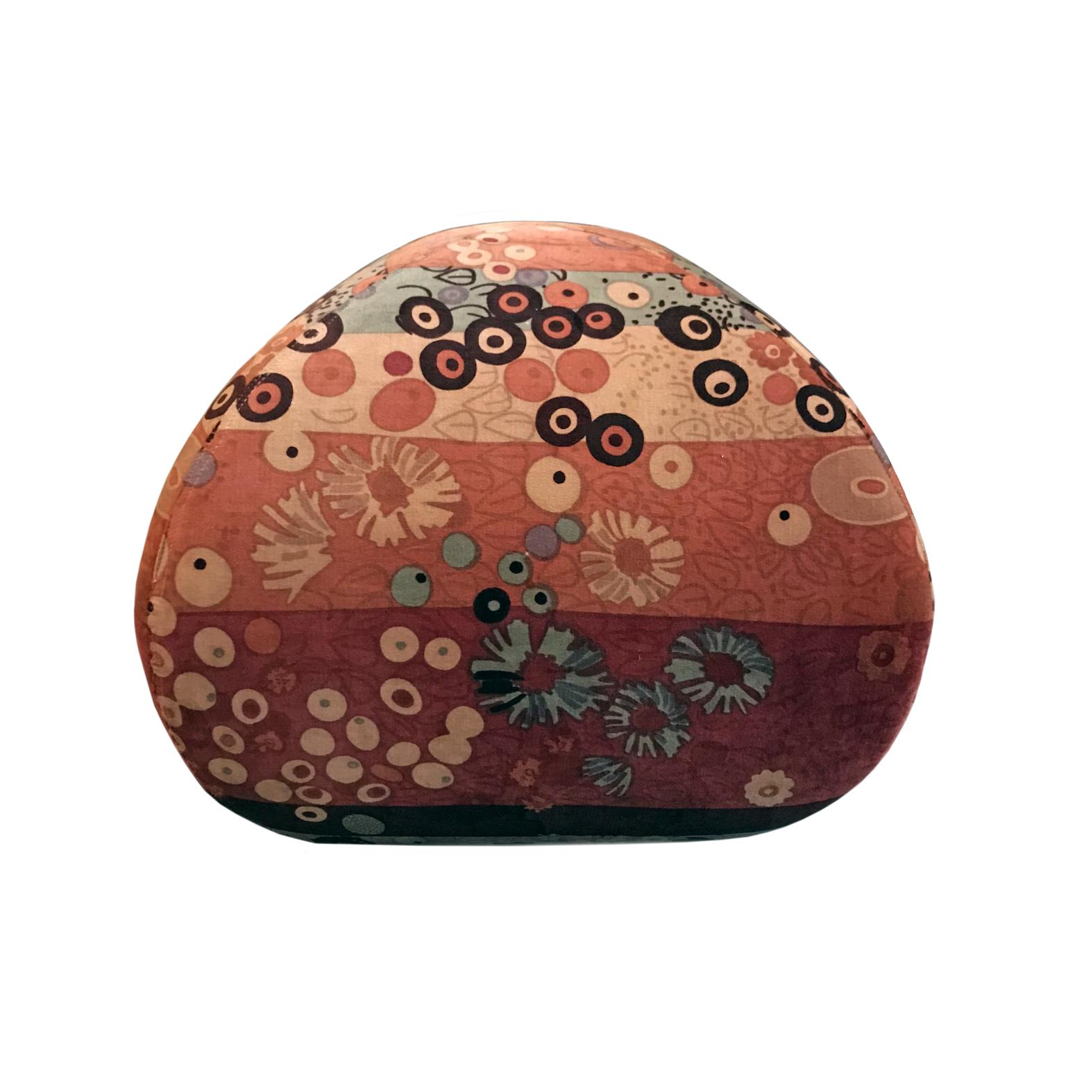 Pouf in original Jack Lenor Larson abstract floral print velvet. USA, 1970s.
