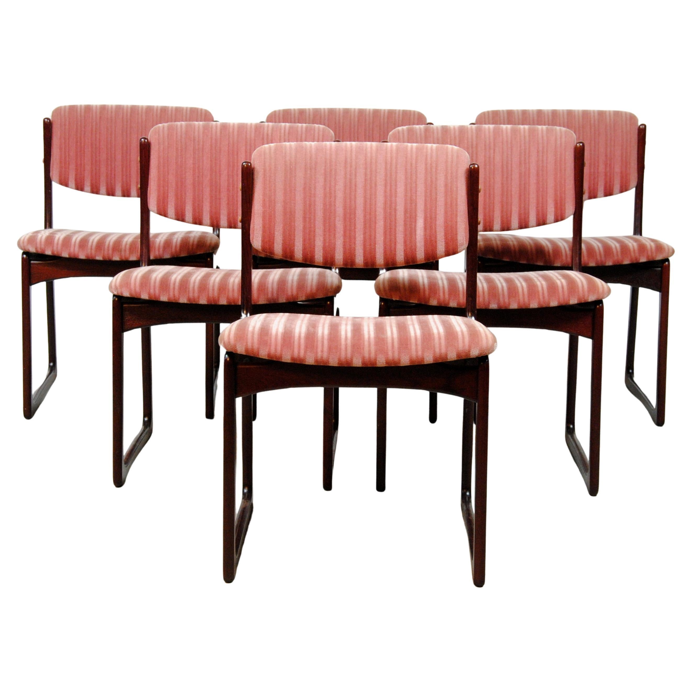 1970's Poul Hundevad Six Danish Dining Chairs in Tanned Oak and Pink Upholstery