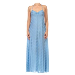 1970S Powdered Blue Polyester Halter Neck Negligee With Metallic Bias Stripes