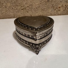 1970s Pretty Decorative Keepsake Silver Heart Trinket Box with Purple Lining