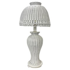 1970s Pretty Vintage White Wicker Sculptural Table Lamp Scalloped Dome Shade