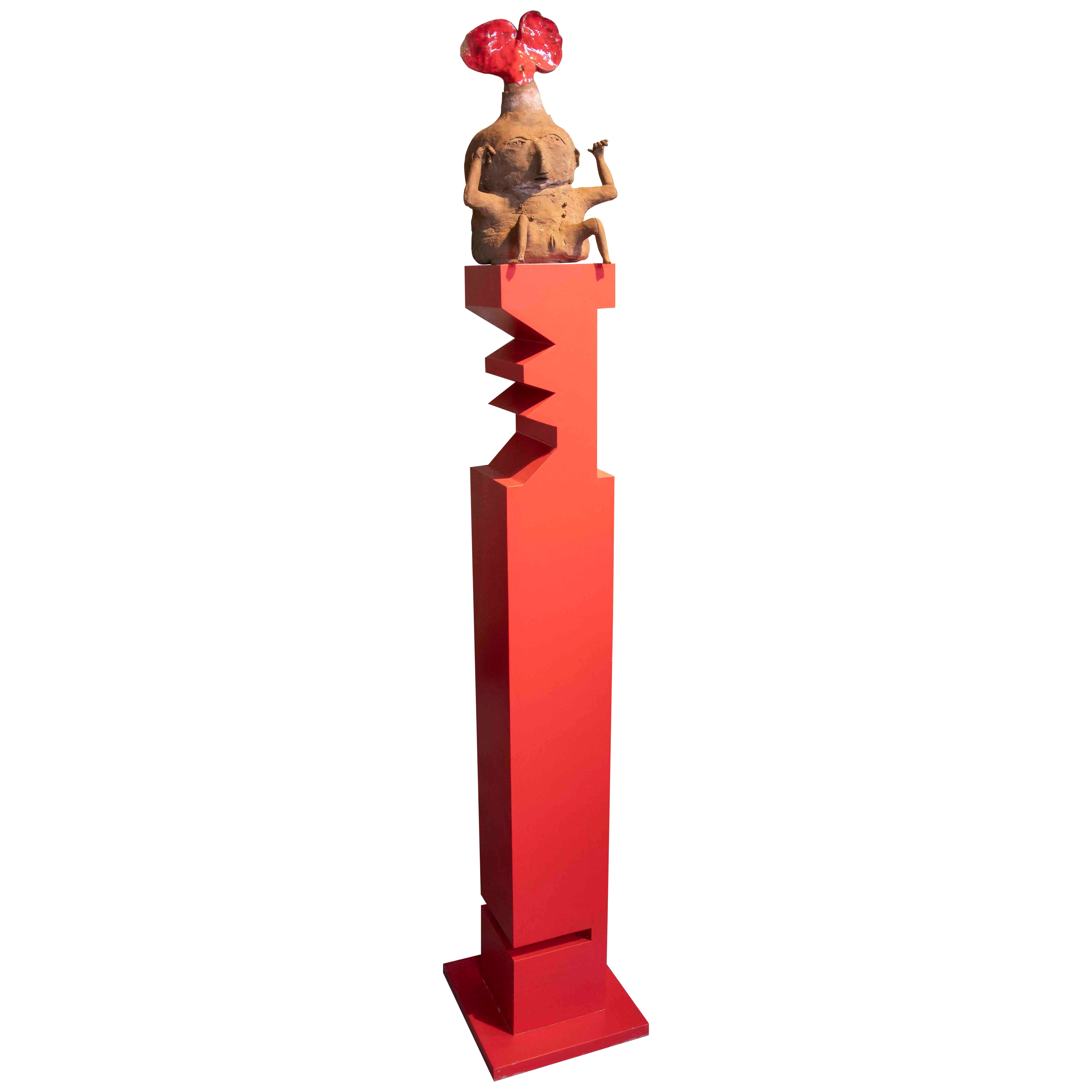 1970s Primitive Terracotta Sculpture with Anthropomorphic Figure and Red Crest For Sale