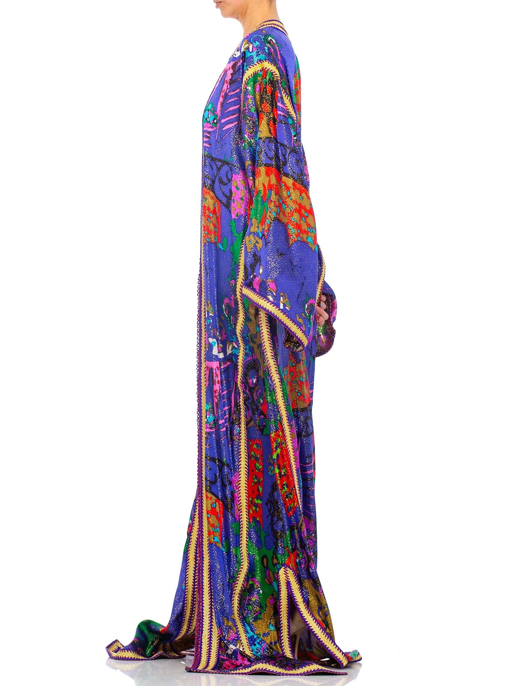 Purple 1970S Printed Gold Lamé Silk Extra Long Moroccan Style  Kaftan