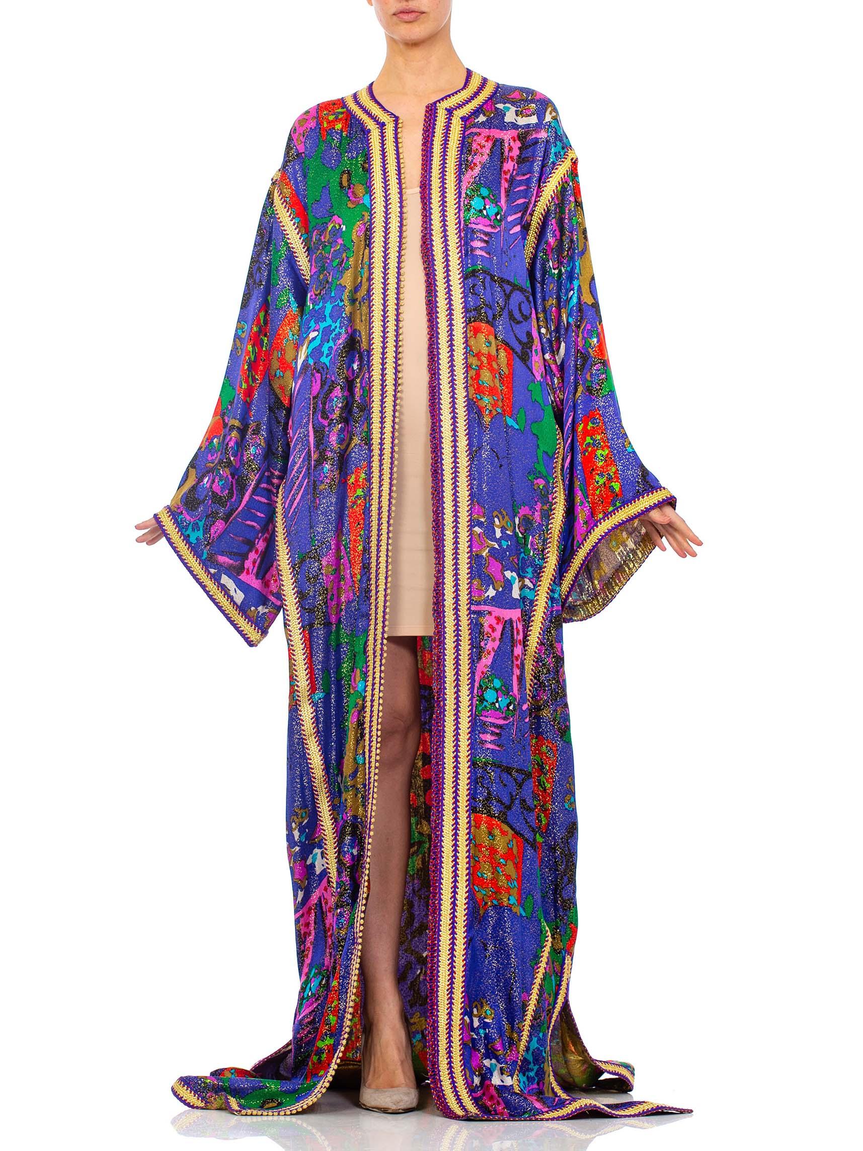 Women's 1970S Printed Gold Lamé Silk Extra Long Moroccan Style  Kaftan
