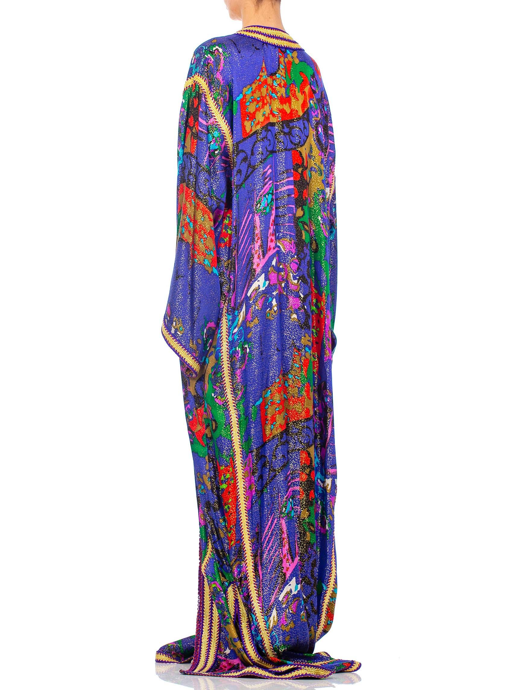 1970S Printed Gold Lamé Silk Extra Long Moroccan Style  Kaftan 2