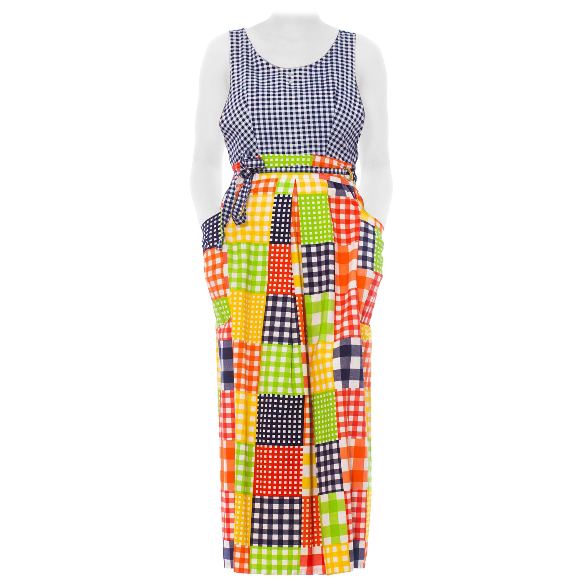 1970S Printed Patchwork Cotton Pinafore Wrap Dress