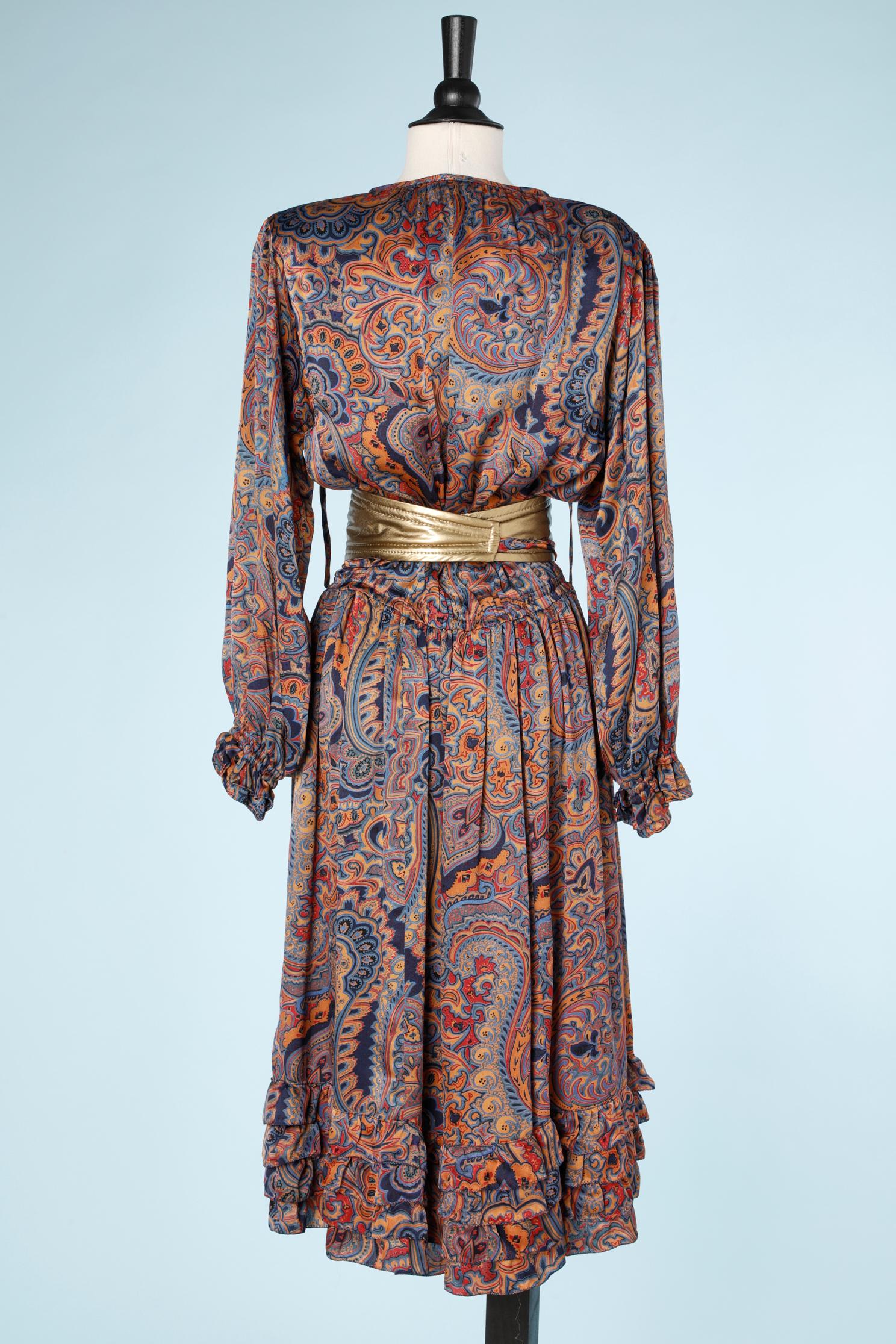 1970's printed silk dress with gold belt Blondie  For Sale 1