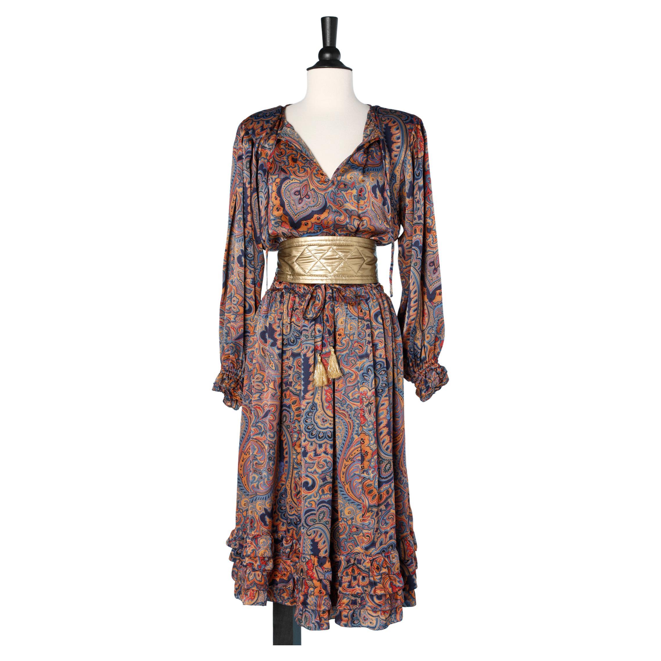 1970's printed silk dress with gold belt Blondie For Sale
