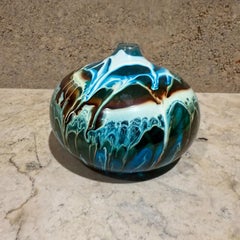 1970s Psychedelic Bud Vase Blue Swirl Art Glass