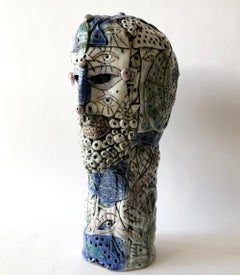 1970s Psychedelic Ceramic Head with Surreal Eyes Sculpture