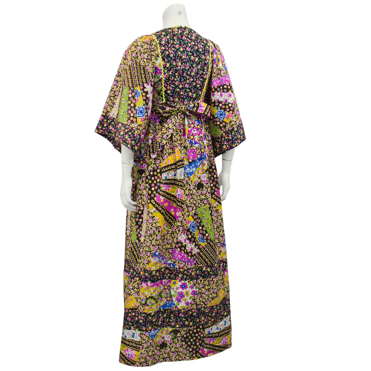 Brown 1970s Psychedelic Floral Patchwork Boho Dress