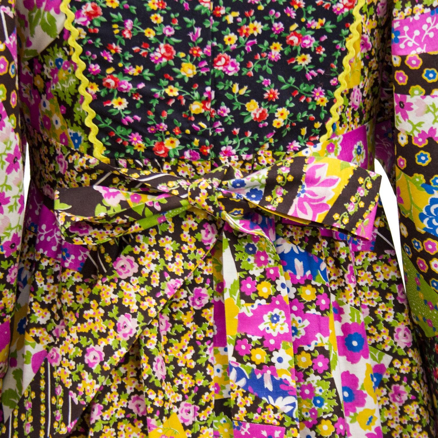 Women's 1970s Psychedelic Floral Patchwork Boho Dress
