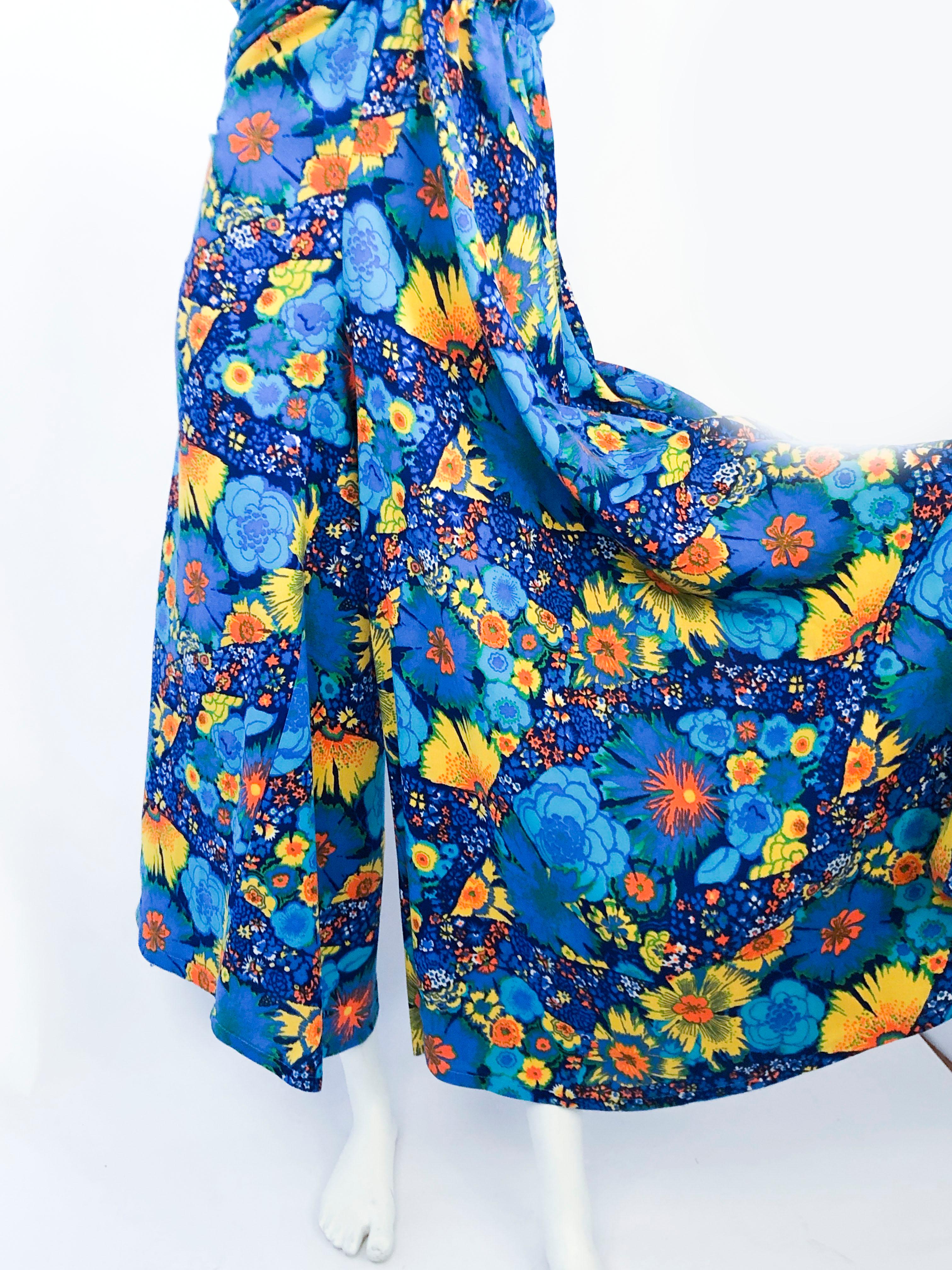 Blue 1970's Psychedelic Floral Printed Jumpsuit