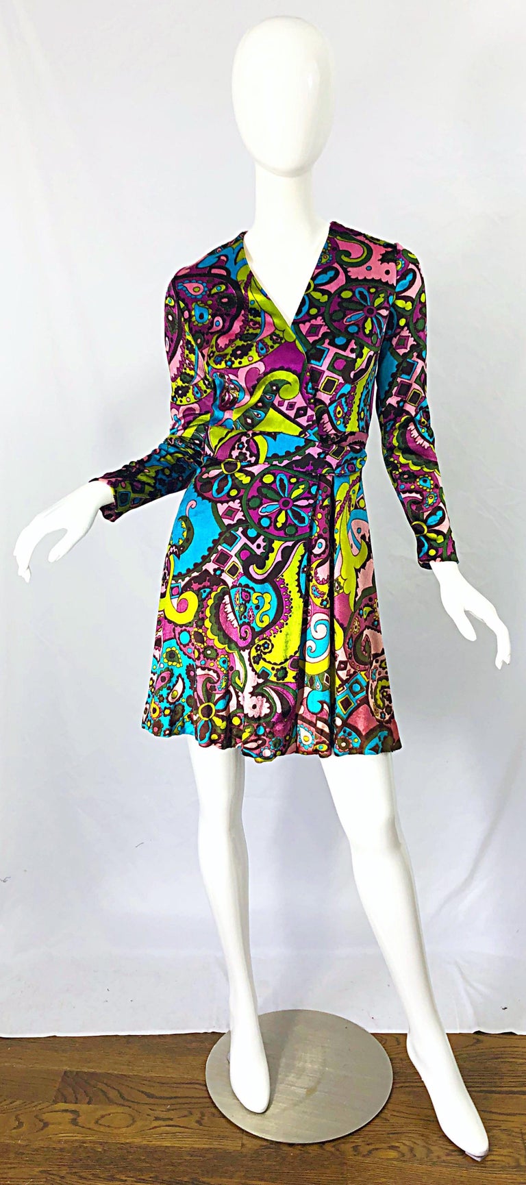 1970s Psychedelic Paisley Print Colorful Velour Vintage 70s Wrap Dress For Sale At 1stdibs