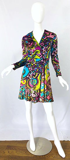 1970s Psicodélico Paisley Imprimir Colorido Velour Vintage 70s Wrap Dress