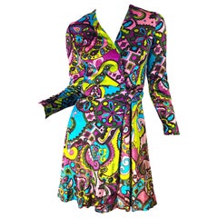 Psychedelic Paisley Print Buntes Velours Vintage 70er Jahre Wickelkleid