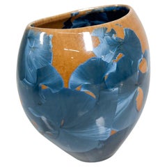 1970s Psychedelic Pottery Art Blue & Orange Petite Crystalline Vase Louis Reding