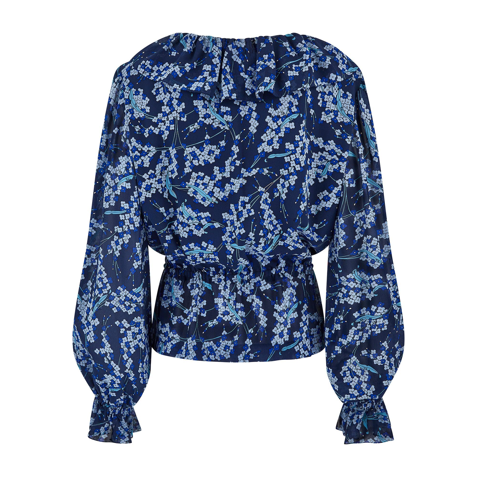 1970s Pucci Blue Floral Silk Blouse with Ruffle Neckline In Excellent Condition For Sale In London, GB