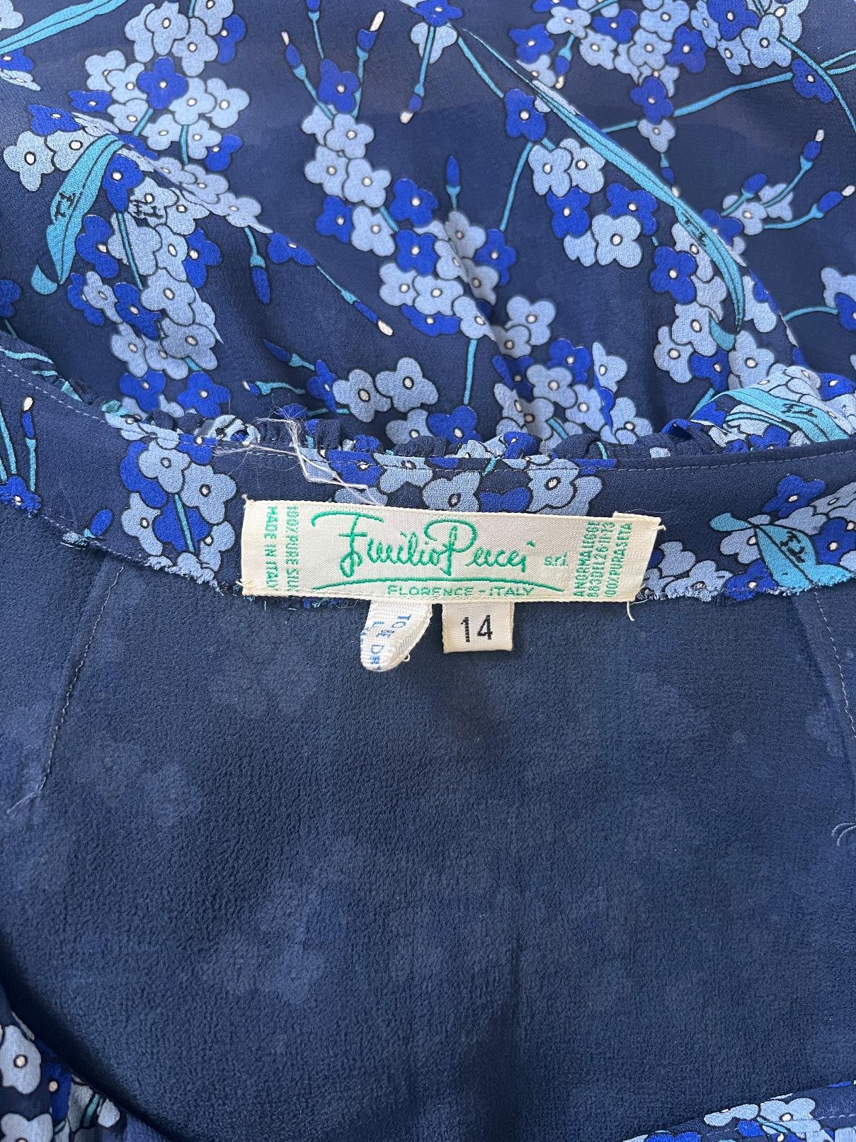 1970s Pucci Blue Floral Silk Blouse with Ruffle Neckline For Sale 1