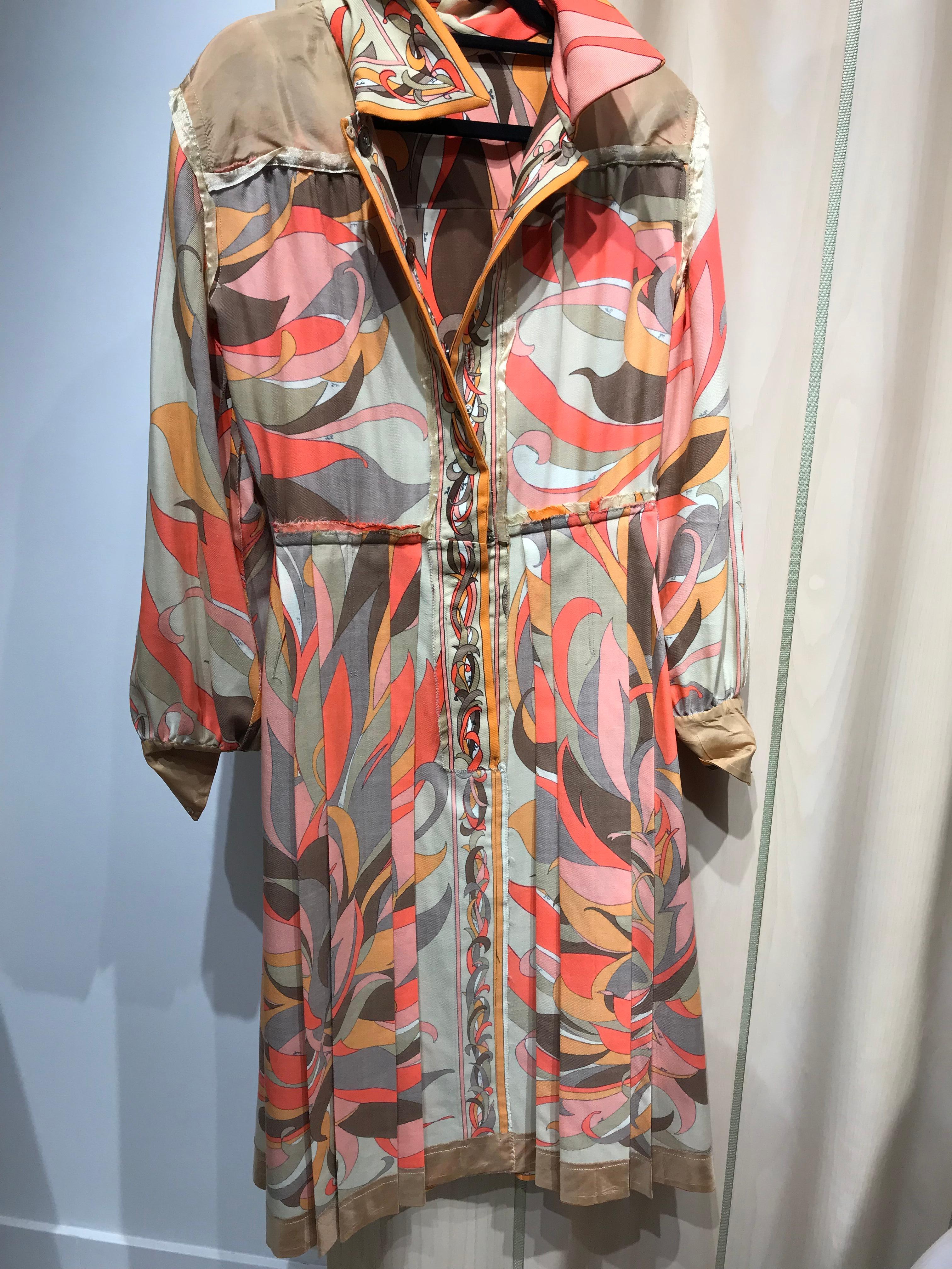 1970s Pucci Orange, Pink and Brown Print Wool Shirt Dress 5