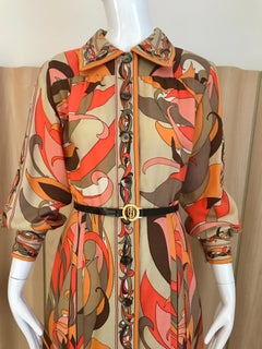 1970s Pucci Orange, Pink and Brown Print Wool Shirt Dress