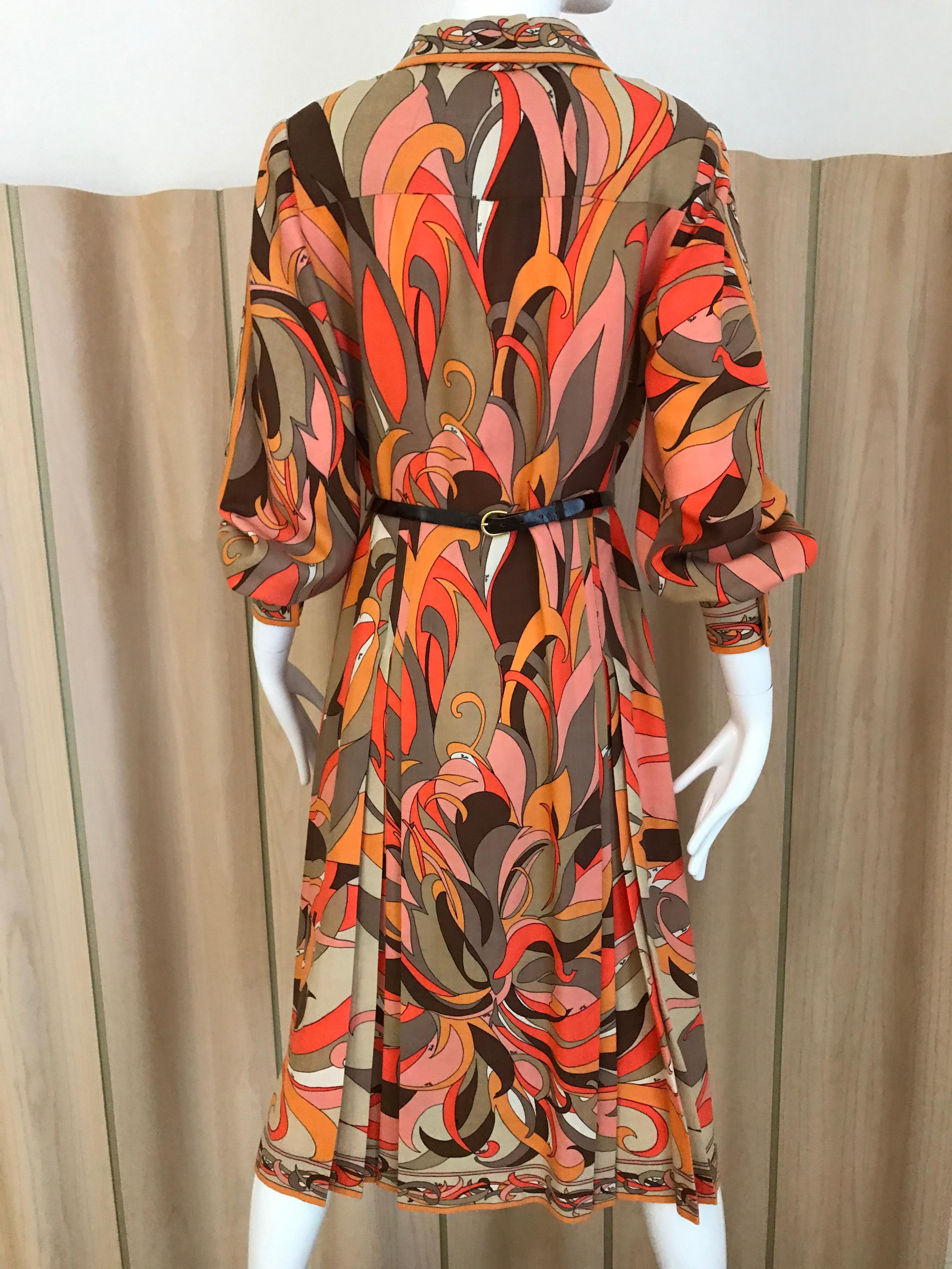 1970s Pucci Orange, Pink and Brown Print Wool Shirt Dress In Good Condition In Beverly Hills, CA