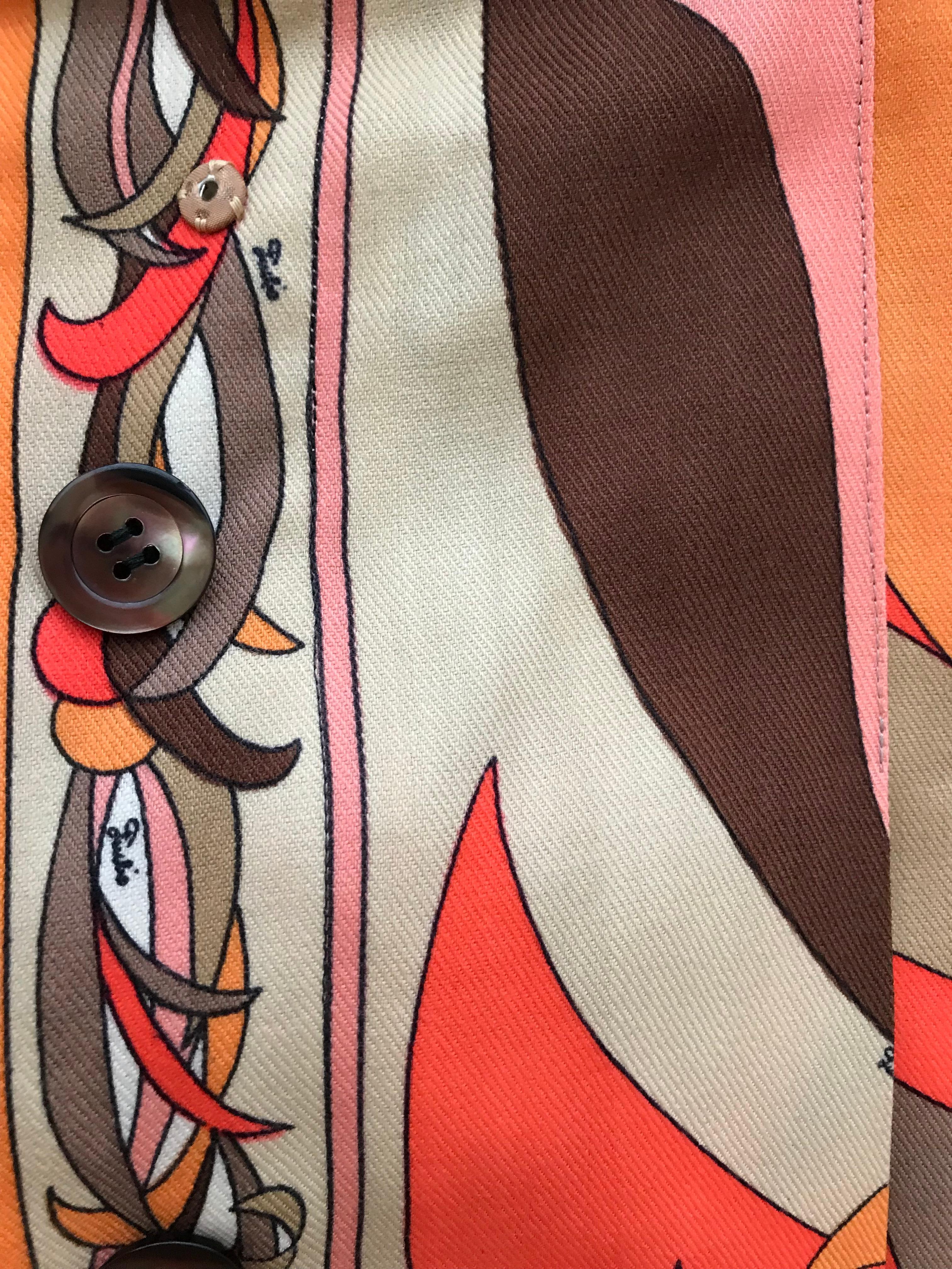 1970s Pucci Orange, Pink and Brown Print Wool Shirt Dress 3