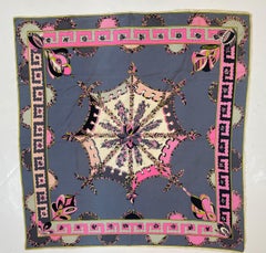 1970's Pucci Silk Chiffon Scarf in Geometric Blues and Pinks