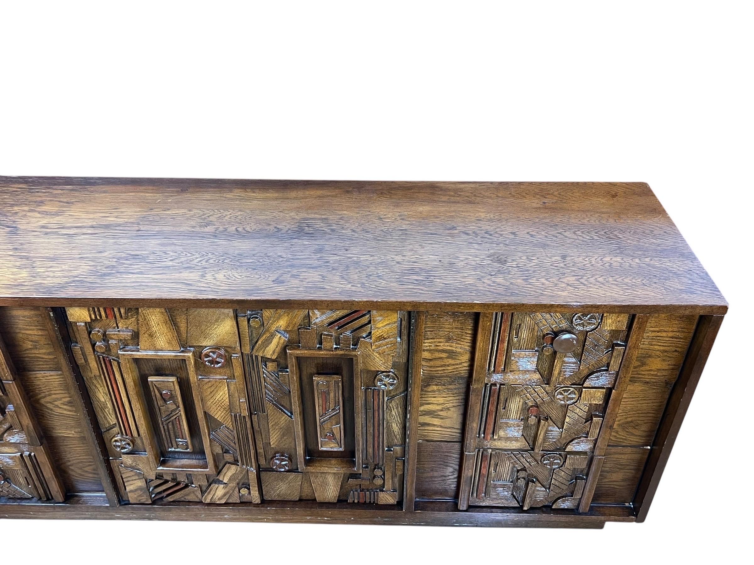 Oak 1970s Pueblo Style Brutalist Lowboy Dresser For Sale