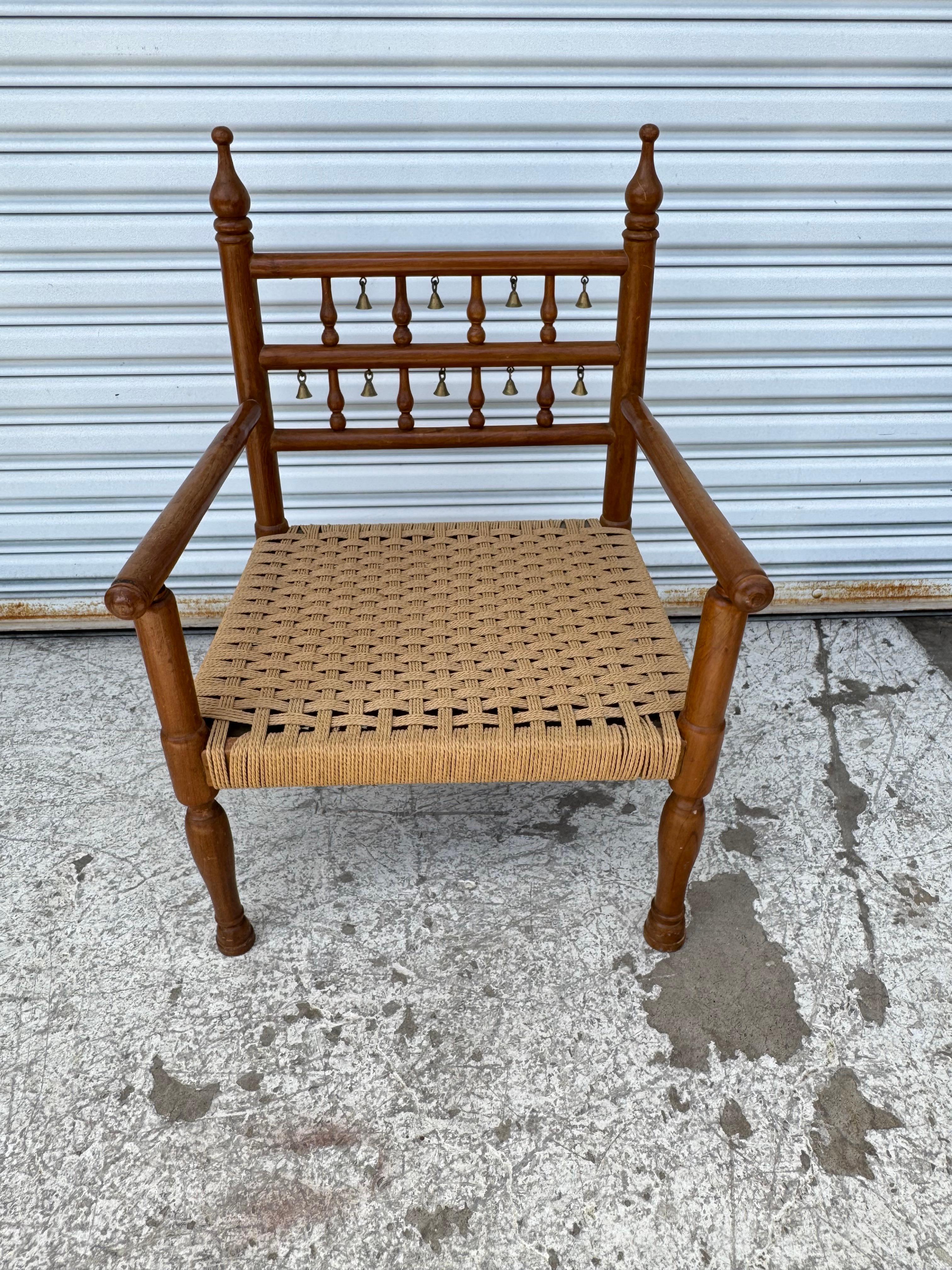 Tribal 1970's Punjabi Wedding Chair in Teak with Rush Bottom Seat and Brass Bells For Sale