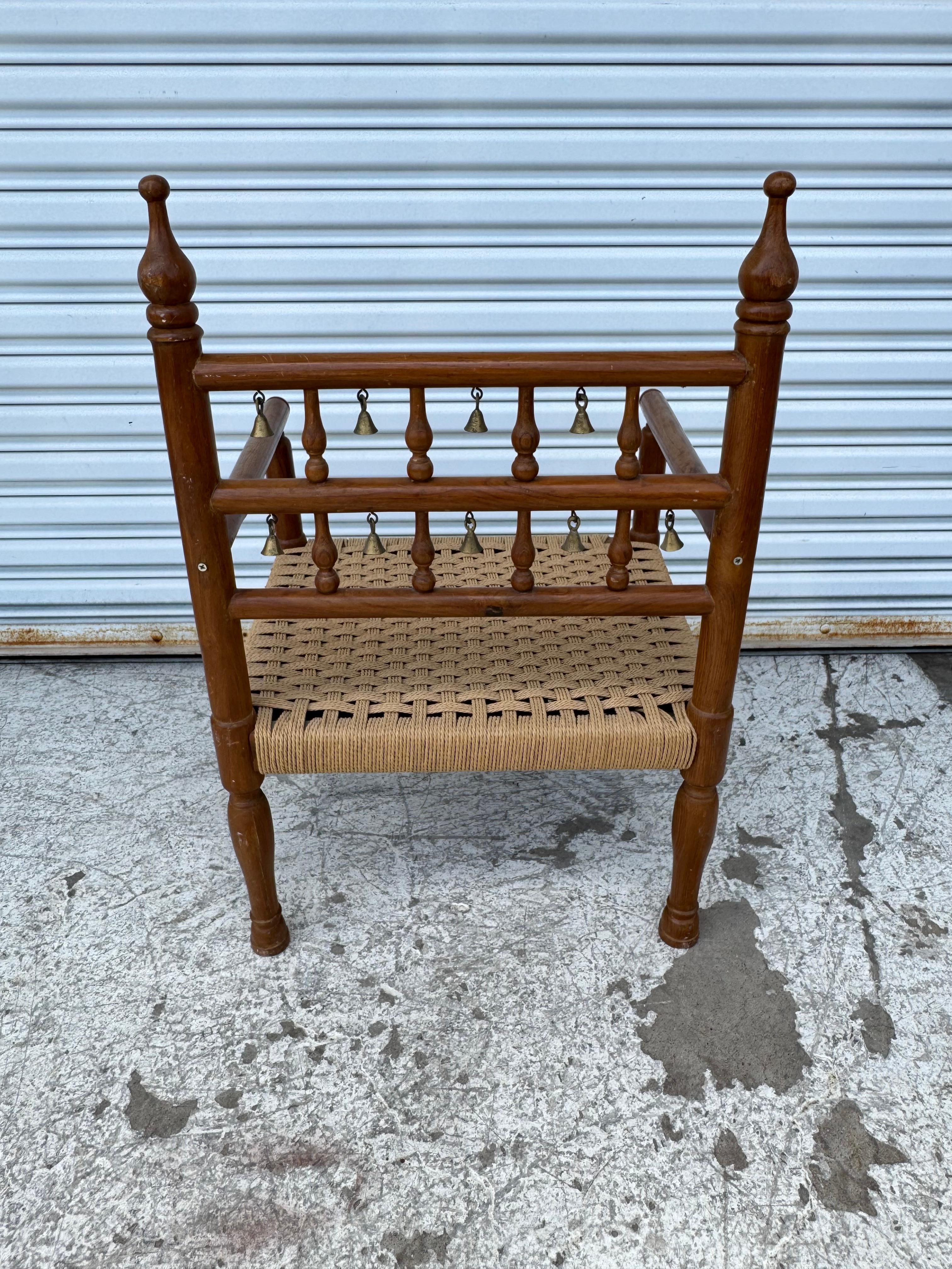 1970's Punjabi Wedding Chair in Teak with Rush Bottom Seat and Brass Bells In Good Condition For Sale In Pasadena, TX
