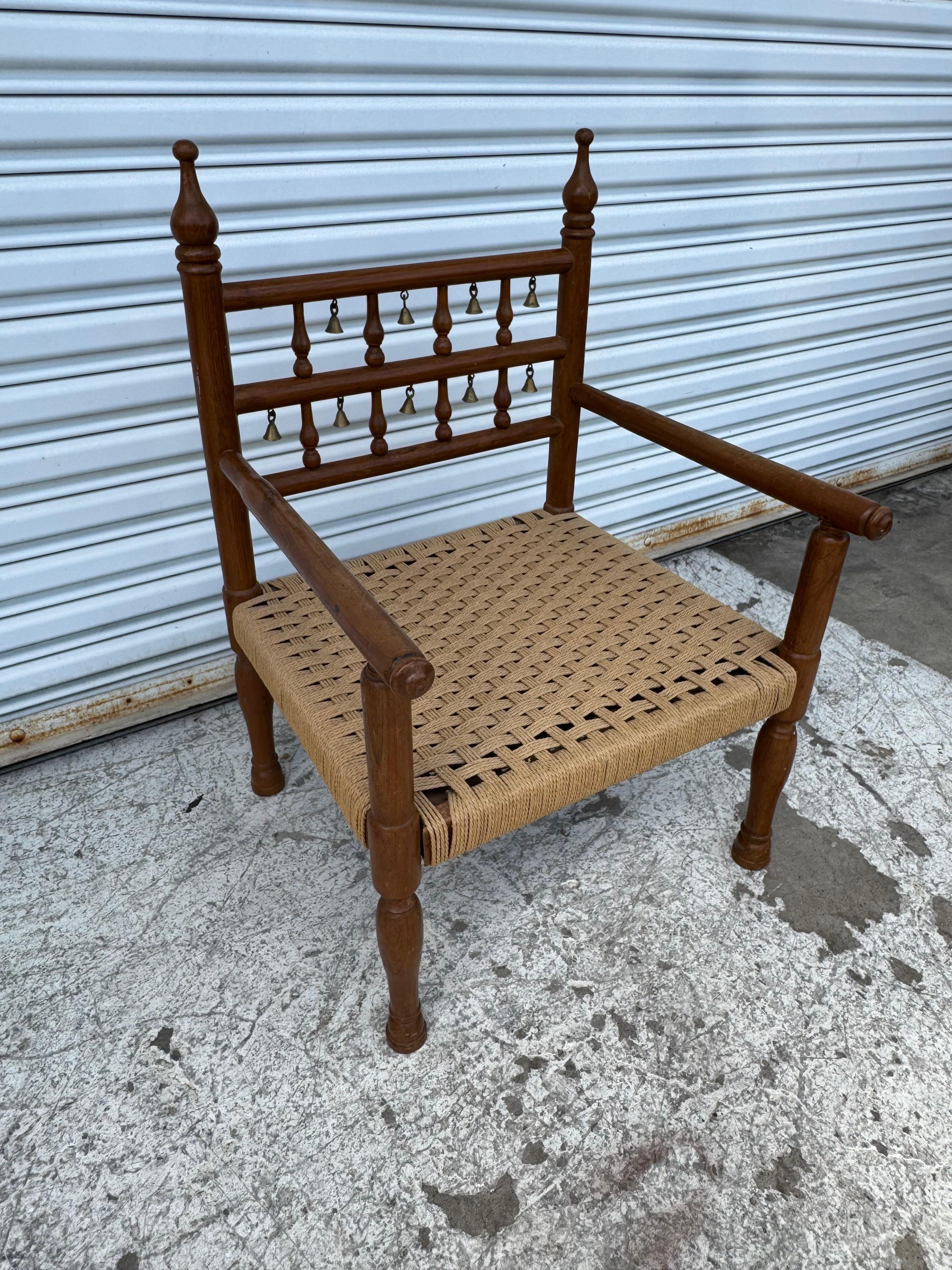Late 20th Century 1970's Punjabi Wedding Chair in Teak with Rush Bottom Seat and Brass Bells For Sale