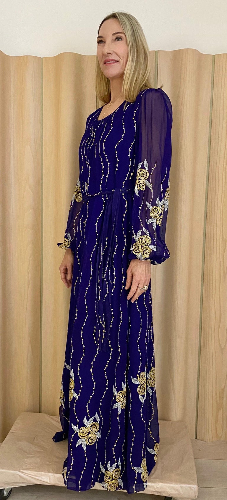 Black 1970s Purple and Gold Silk Maxi Gown For Sale