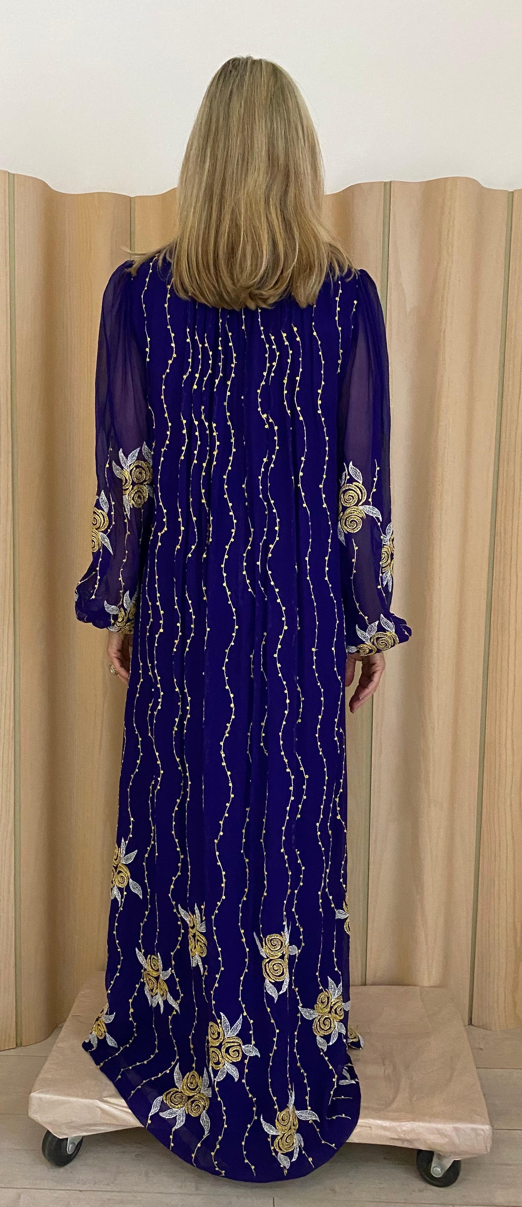 Black 1970s Purple and Gold Silk Maxi Gowns For Sale