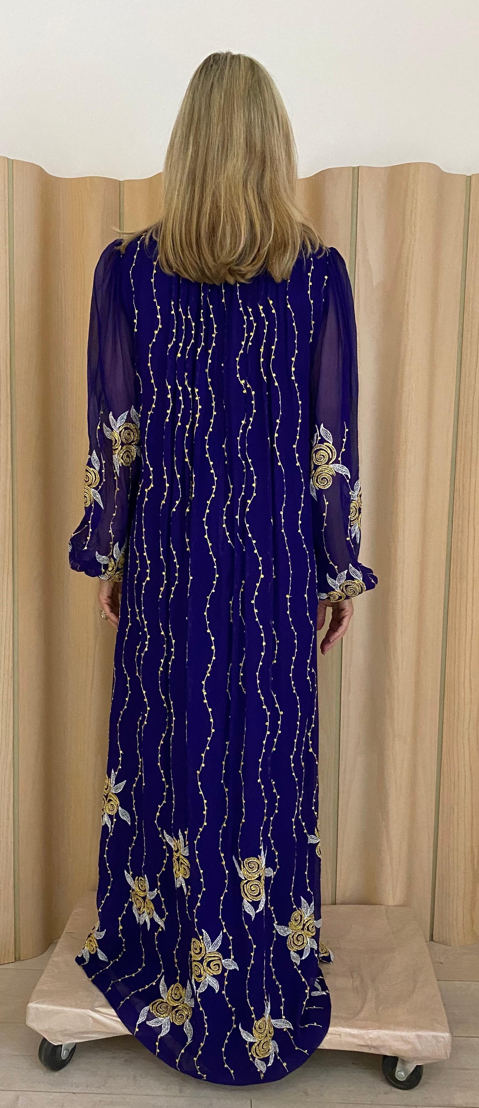 Black 1970s Purple and Gold Silk Maxi Gowns  For Sale