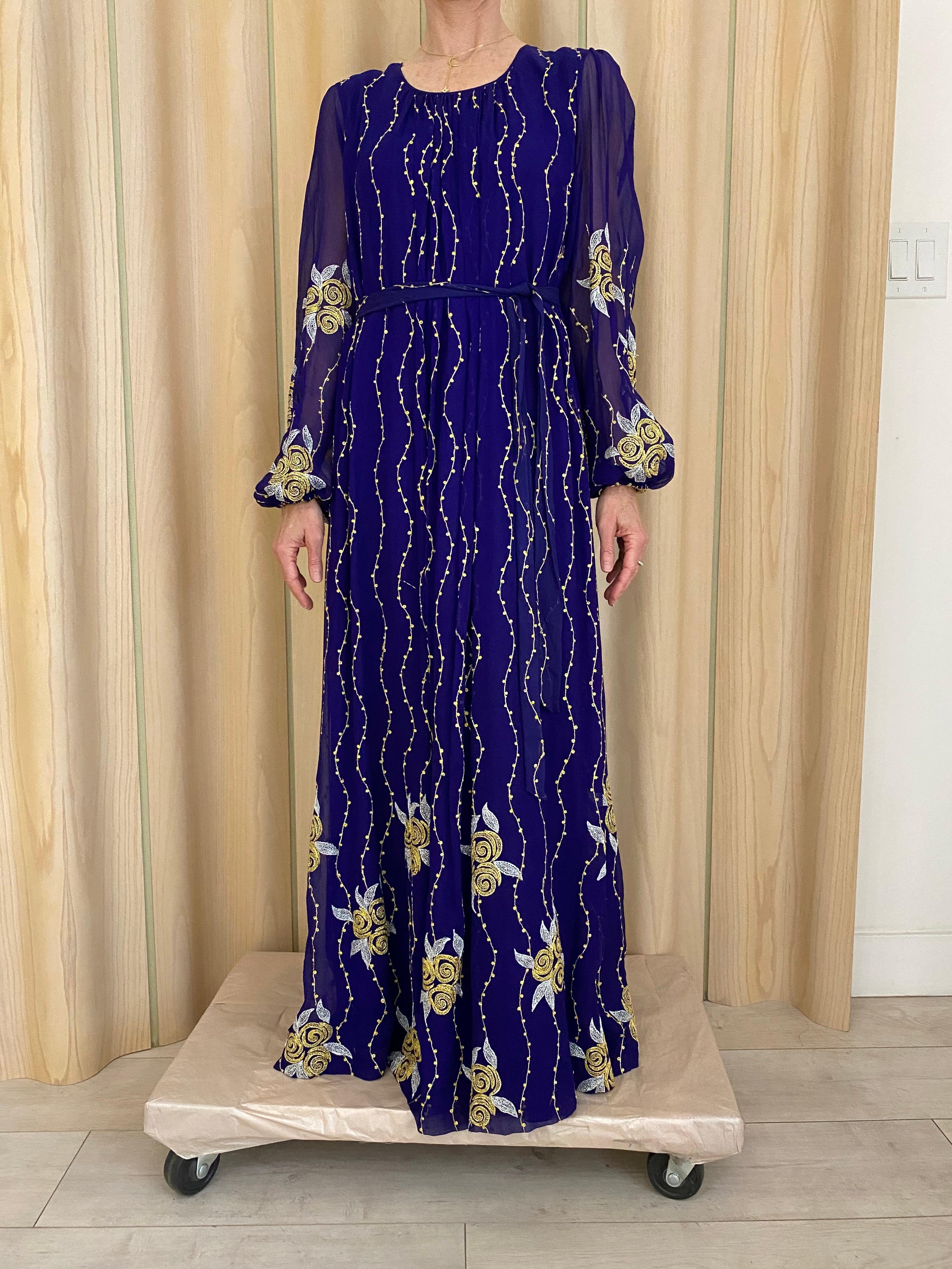 1970s Purple and Gold Silk Maxi Gowns For Sale 1