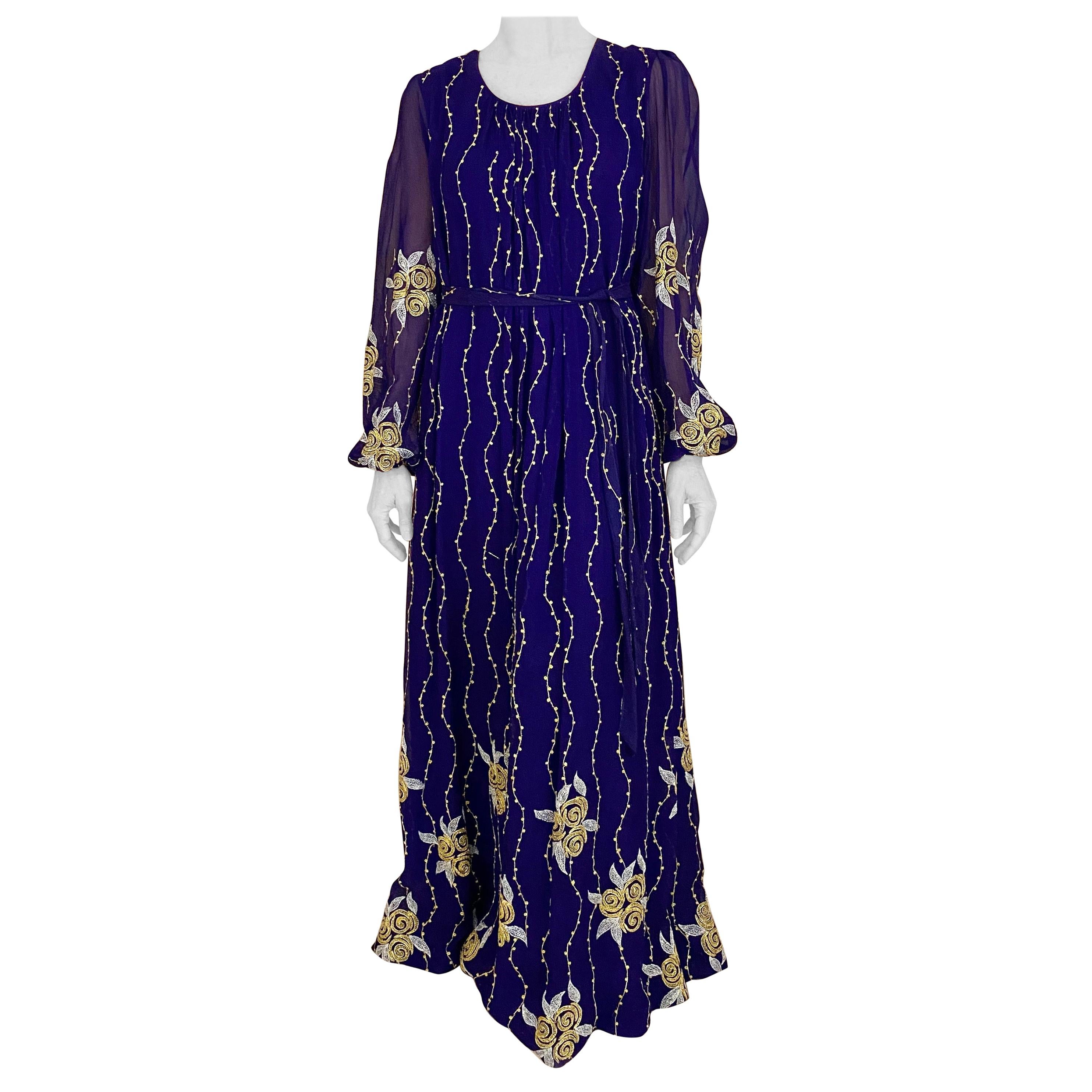 1970s Purple and Gold Silk Maxi Gowns  For Sale