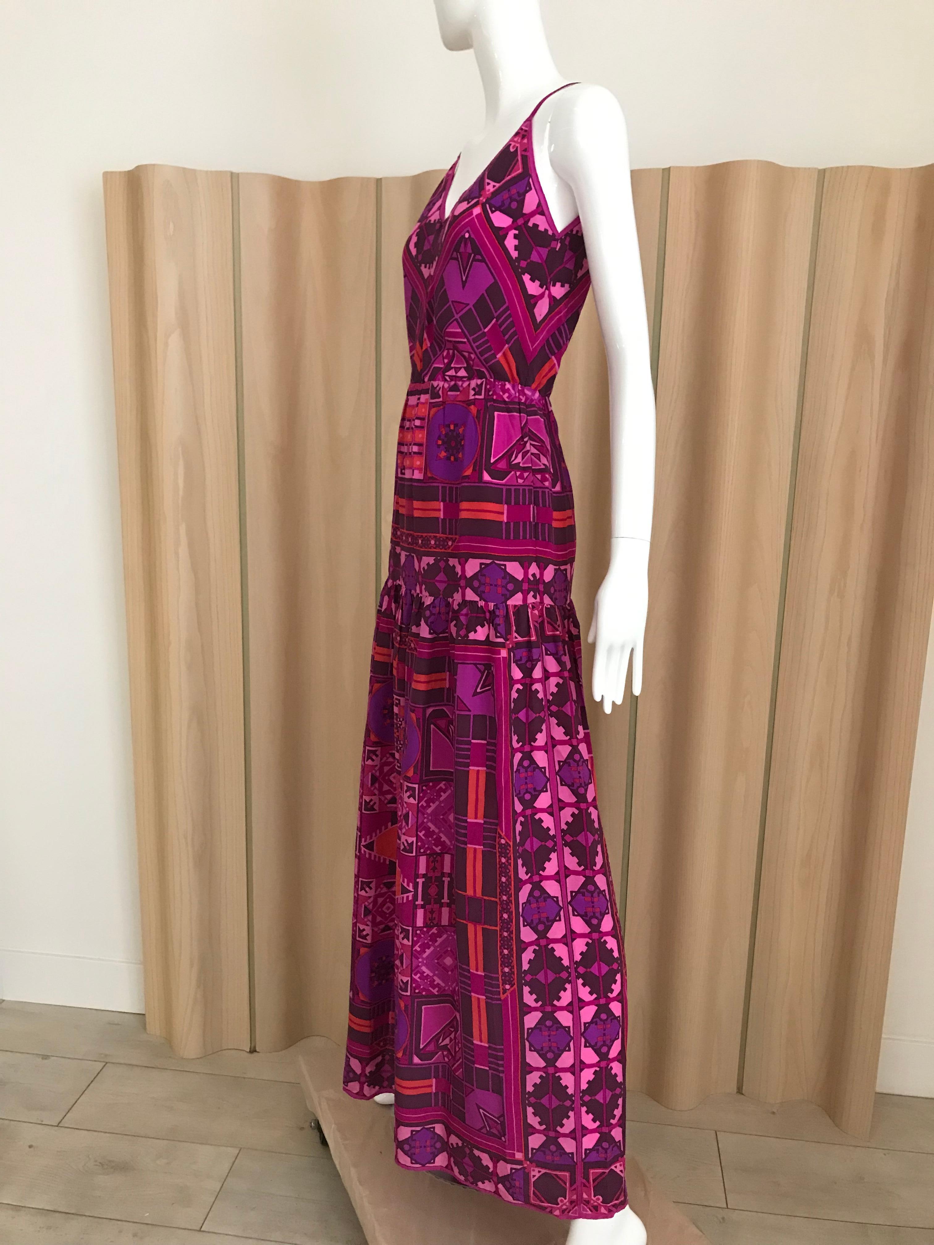 1970s Purple and Magenta Silk Spaghetti Straps Maxi Dress 3