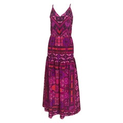 Robe longue à bretelles spaghetti en soie violette et magenta des années 1970