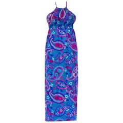 1970S Purple & Blue Floral Paisley Cotton Sateen Halter Dress