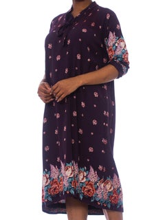 1970S Purple & Blue Floral Rayon Boho Loose Size Dress
