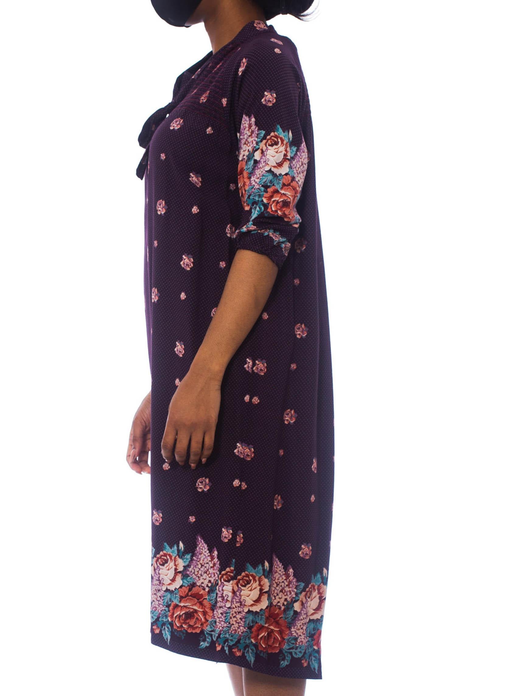 Black 1970S Purple & Blue Floral Rayon Boho Loose Size Dress For Sale