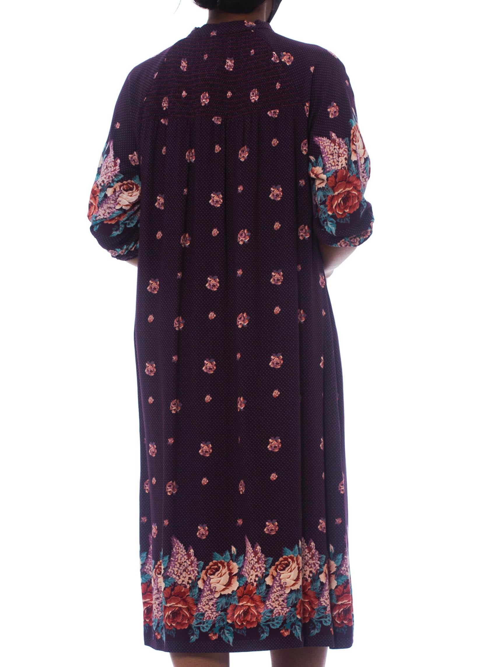 1970S Purple & Blue Floral Rayon Boho Loose Size Dress In Excellent Condition For Sale In New York, NY