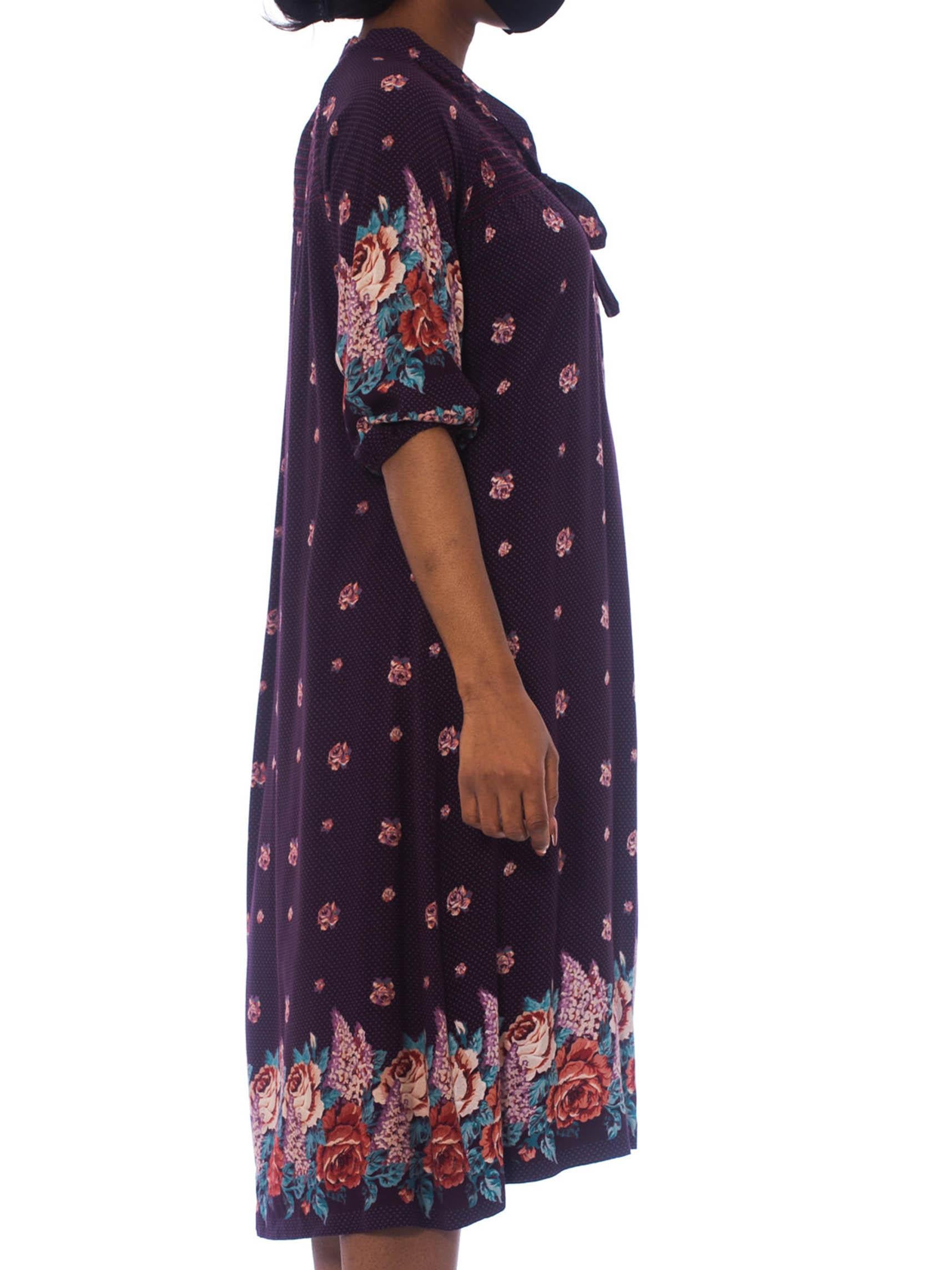 Women's 1970S Purple & Blue Floral Rayon Boho Loose Size Dress For Sale